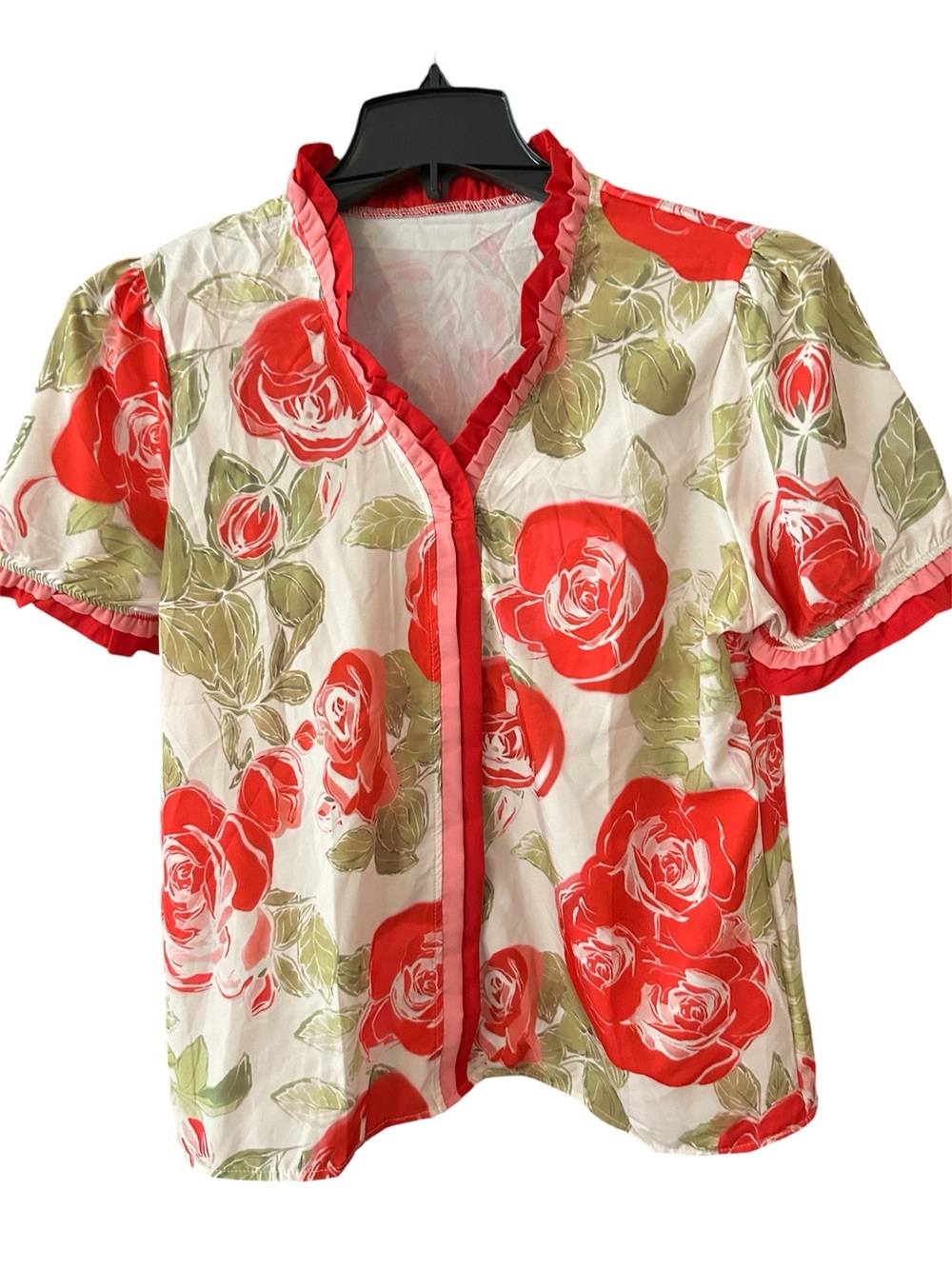 Floral Ruffle-Trim Button Front Top - Red Rose Print